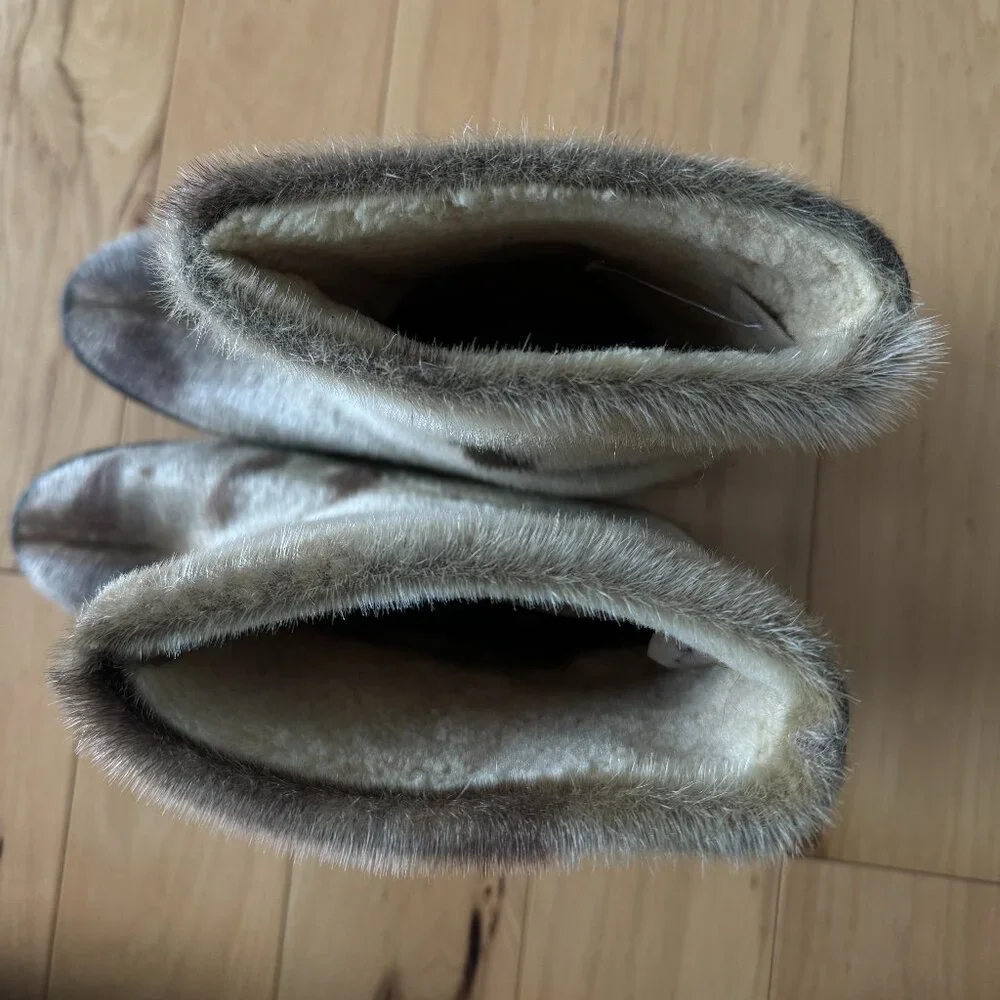 Vintage Sealskin Genuine Fur Winter Boots Mid Calf Spotted Seal - Picture 4 of 6